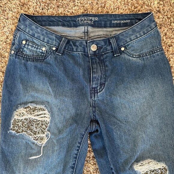 Jennifer Lopez Sequin Distressed Skinny Ankle Blue Jeans Women's Size 2 - Picture 3 of 7
